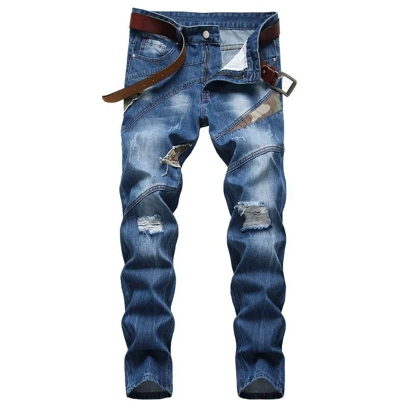 Men's Fashion Camo Patchwork Distressed Hole Slim Jeans 88866910Z sold by Manly