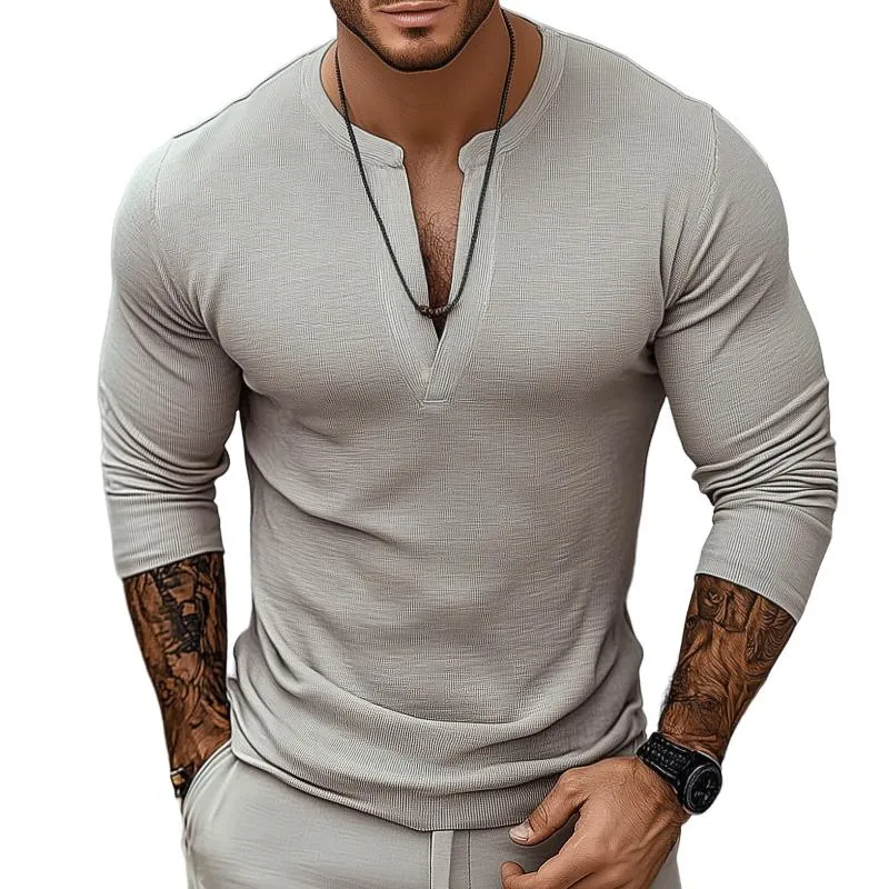 Men's Casual Retro Solid Color V-neck Long-sleeved T-shirt 18152045TO sold by Manly