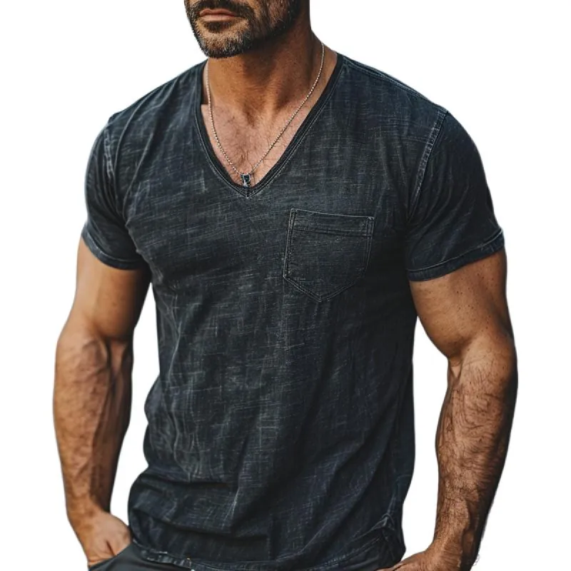 Men's Casual V-neck Heavy Duty Washed Distressed Short-sleeved T-shirt 38027677M sold by Manly
