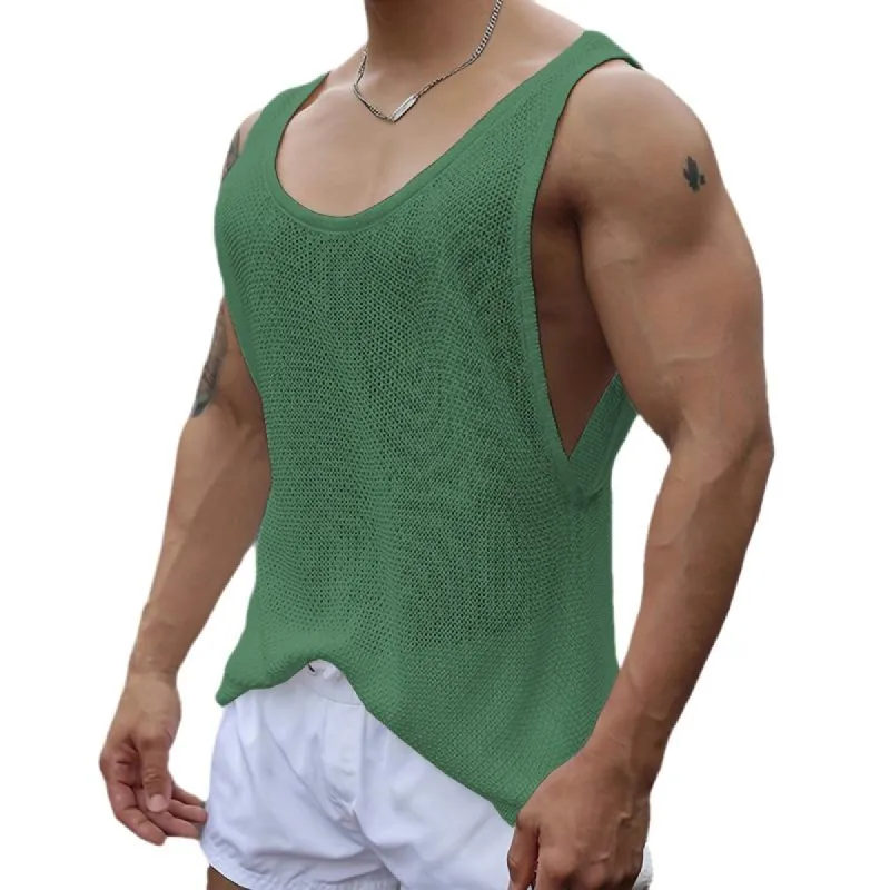 Men's Casual U-Neck Loose Knitted Tank Top 02708345M sold by Manly