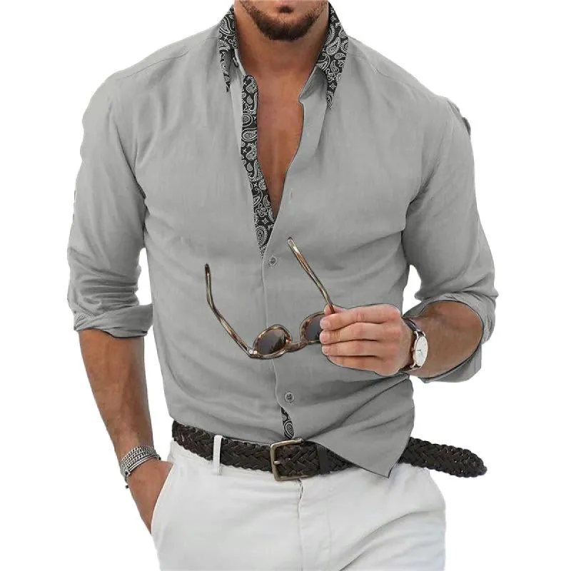 Men's Long Sleeve Colorblock Cotton Linen Lapel Shirt 89403853X sold by Manly