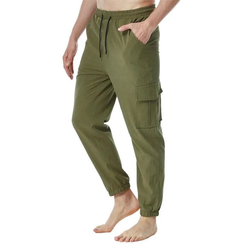 Men's Casual Solid Color Cotton Linen Multi Pocket Trousers 19617055Y sold by Manly