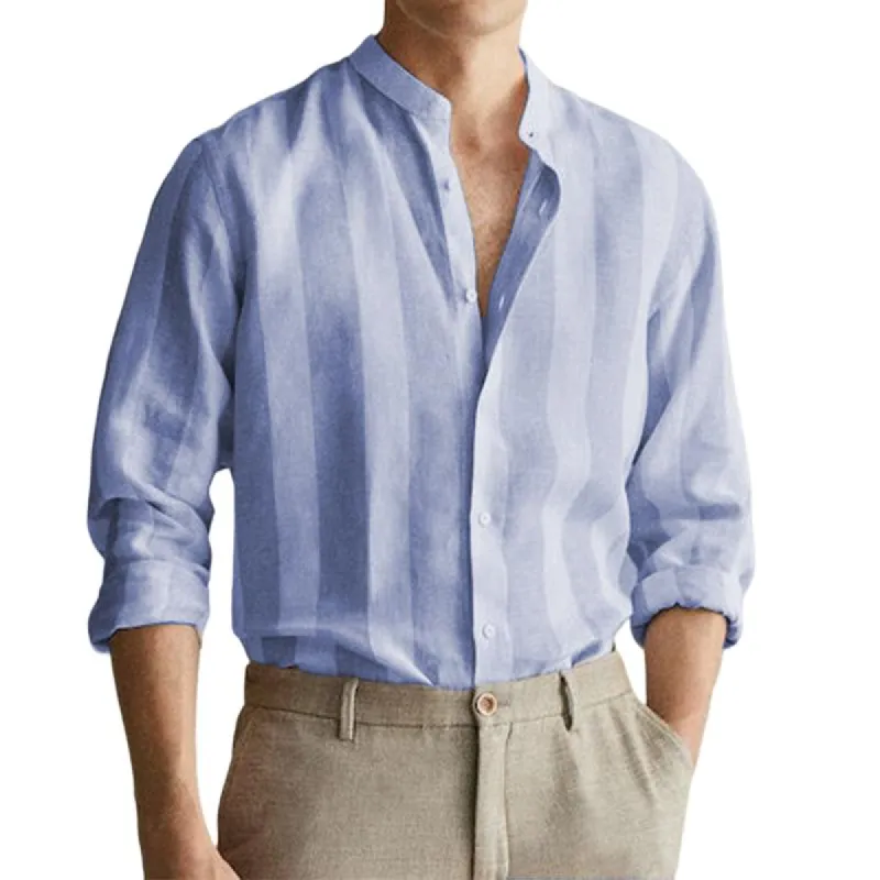 Men's Striped Stand Collar Long Sleeve Shirt 04770513Z sold by Manly