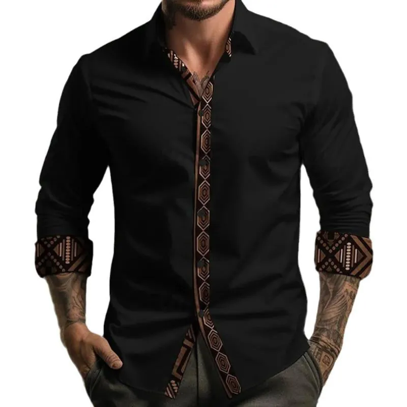 Men's Colorblock Printed Lapel Long Sleeve Shirt 81203001X sold by Manly