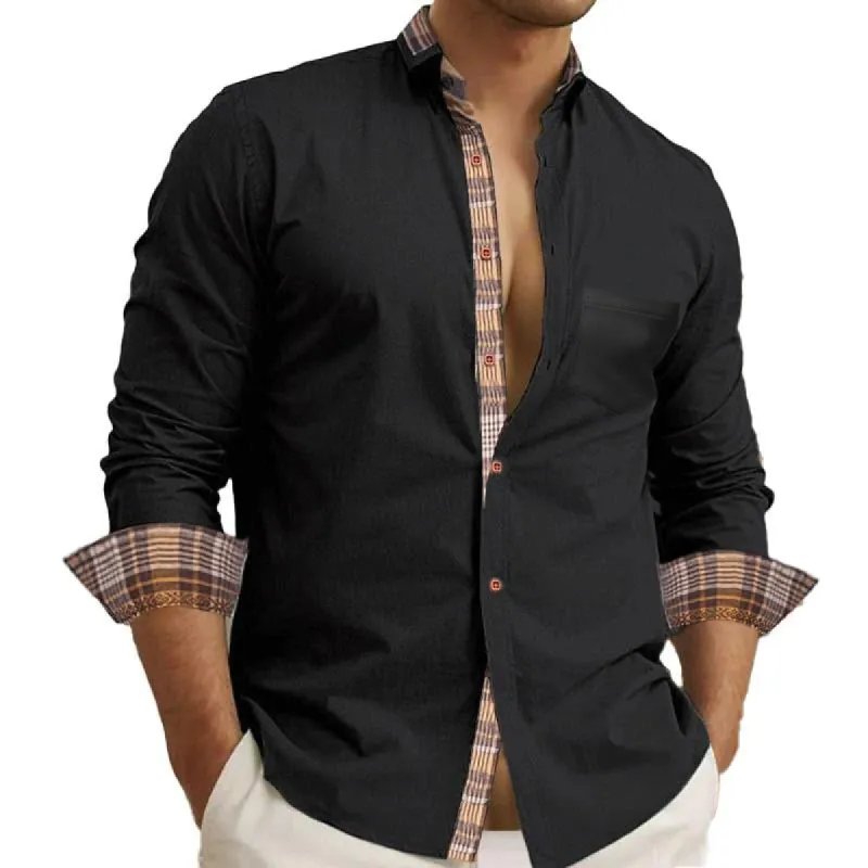 Men's Casual Plaid Color Block Lapel Long Sleeve Shirt 73779052Y sold by Manly