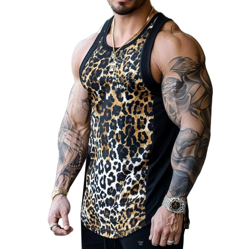 Men's Casual Round Neck Leopard Print Patchwork Tank Top 63099234M sold by Manly