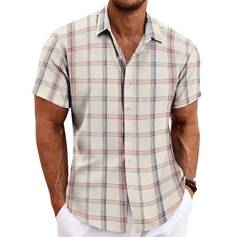 Men's Casual Simple Retro Plaid Lapel Short-sleeved Shirt 93712684TO sold by Manly
