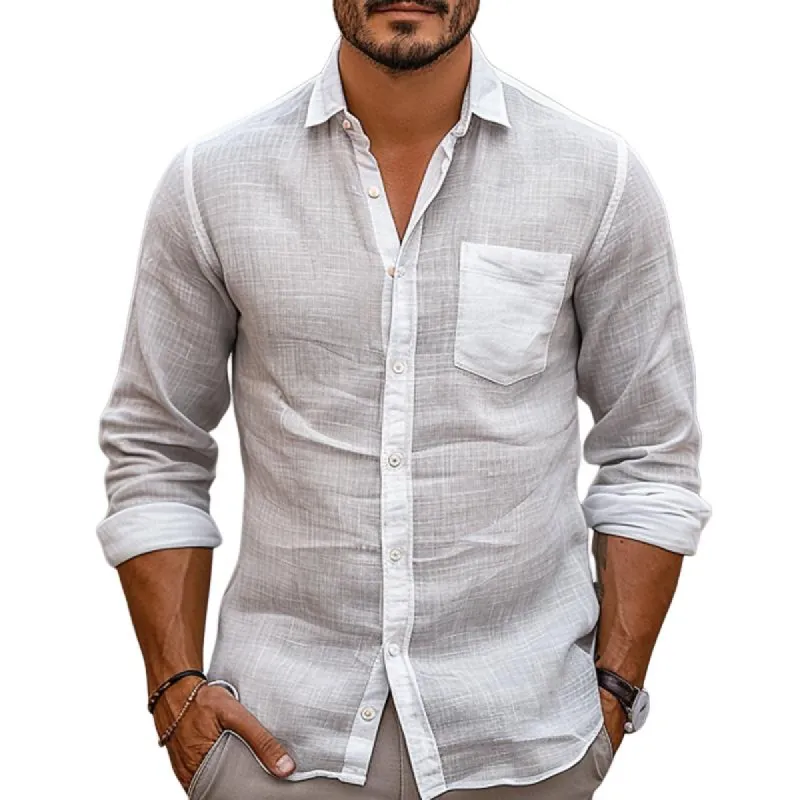Men's Solid Color Linen Lapel Long Sleeve Shirt 92452780X sold by Manly