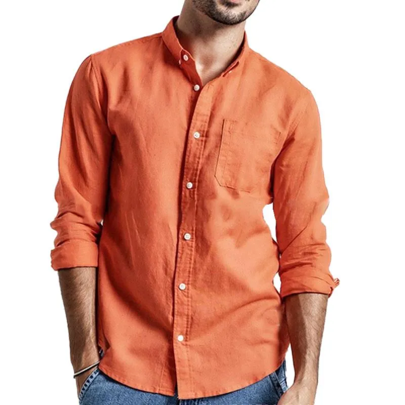 Men's Casual Solid Color Cotton Linen Lapel Long Sleeve Shirt 55329127Y sold by Manly