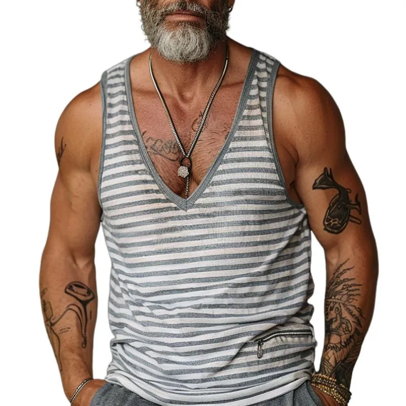 Men's Striped Colorblock Zip V-Neck Sleeveless Tank Top 56386005Y sold by Manly