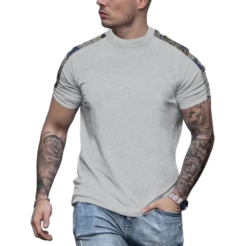 Men's Casual Round Neck Waffle Patchwork Short-sleeved T-shirt 65305572M sold by Manly
