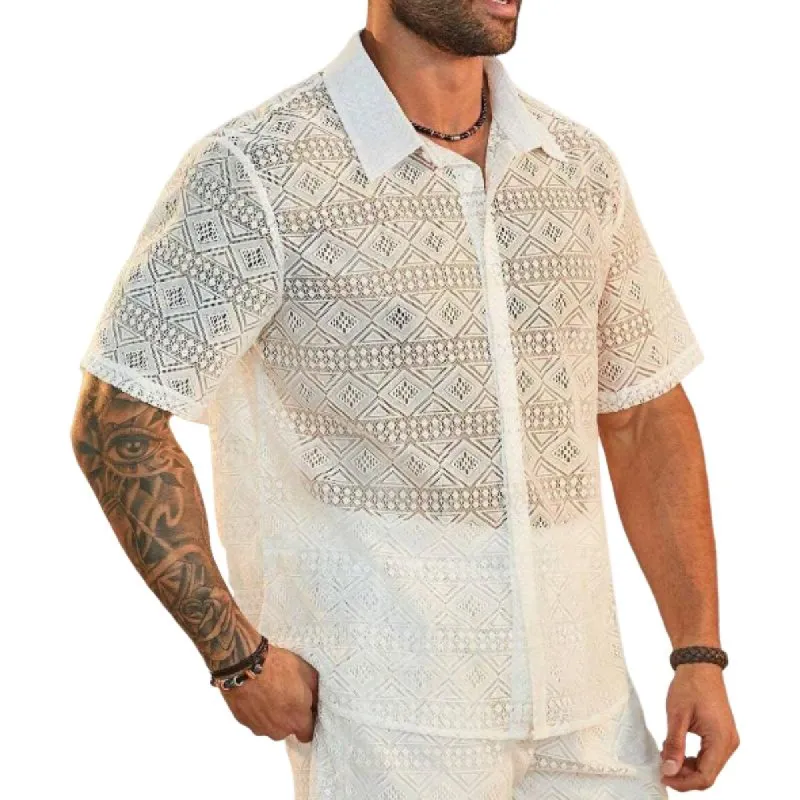 Men's Fashion Lace Lapel Short Sleeve Casual Shirt 21742292Z sold by Manly