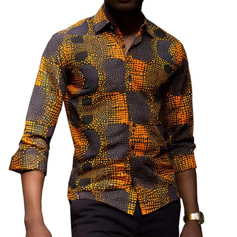 Men's Vintage African Print Lapel Long Sleeve Shirt 94732538M sold by Manly