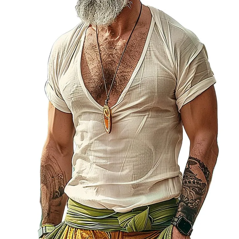 Men's Casual Retro Solid Color Cotton and Linen T-shirt 87934985TO sold by Manly