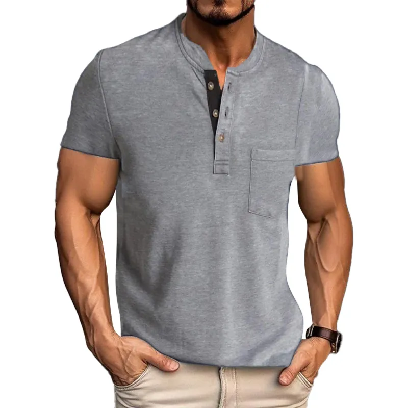 Men's Casual Solid Color Henley Collar Chest Pocket Short Sleeve T-Shirt 48049058Y sold by Manly