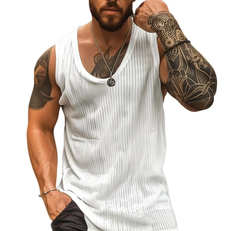 Men's Solid Hollow Out Striped Round Neck Sleeveless Tank Top 94765111Z sold by Manly