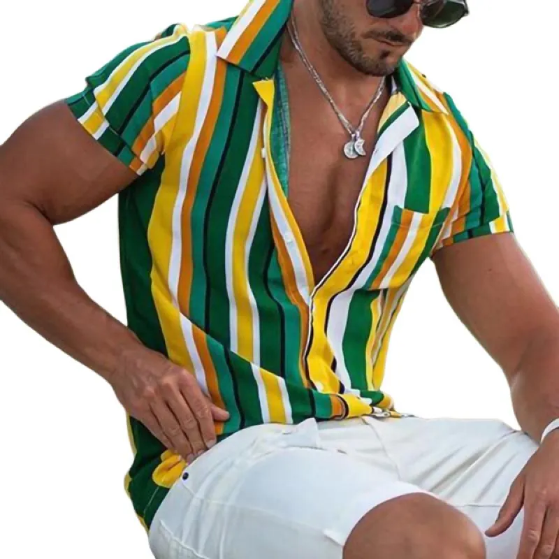 Men's Striped Print Short Sleeve Shirt 37641654Y sold by Manly