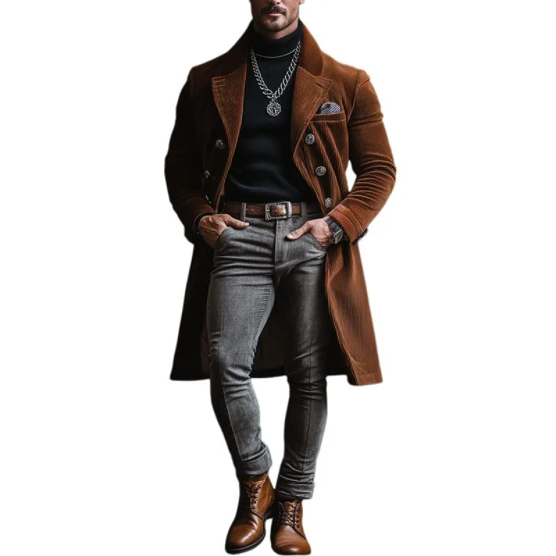 Men's Vintage Corduroy Notch Lapel Double Breasted Long Coat 14400429M sold by Manly