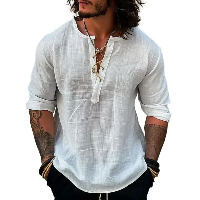 Men's Solid Linen Lace-up Round Neck Long Sleeve Casual Shirt 23417764Z sold by Manly