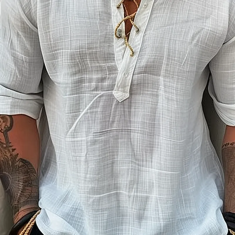 Men's Solid Linen Lace-up Round Neck Long Sleeve Casual Shirt 23417764Z sold by Manly product image thumbnail 3