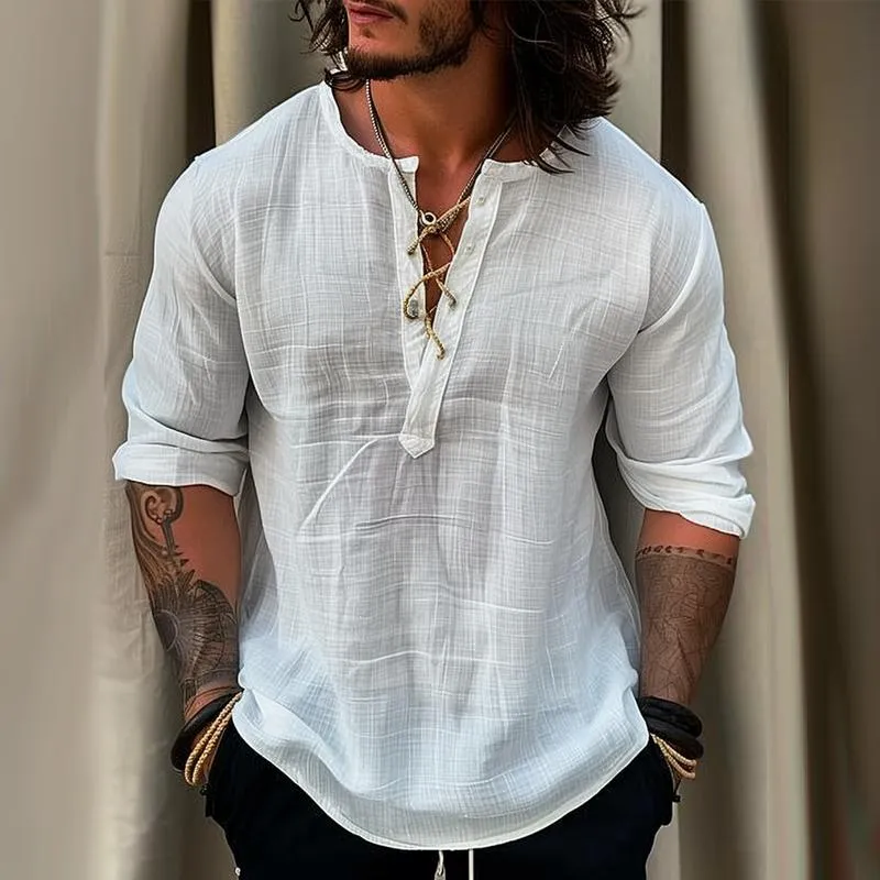 Men's Solid Linen Lace-up Round Neck Long Sleeve Casual Shirt 23417764Z sold by Manly product image thumbnail 2