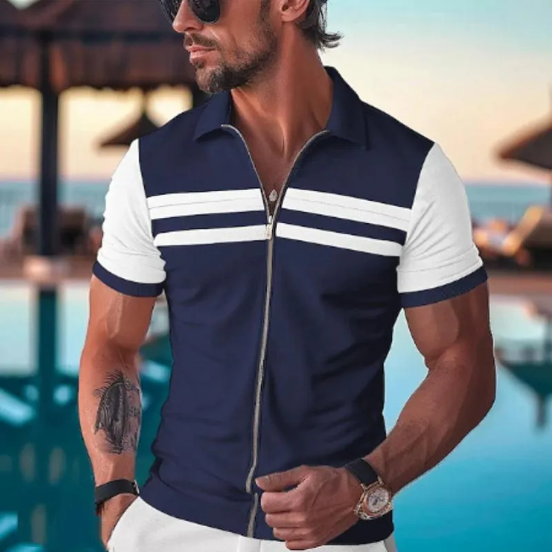 Men's Casual Contrast Lapel Zipper Slim Fit Short Sleeve Polo Shirt 91340548M sold by Manly product image thumbnail 3