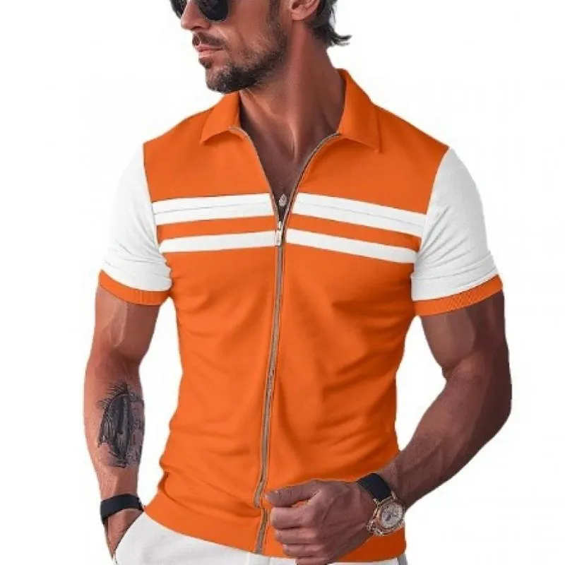 Men's Casual Contrast Lapel Zipper Slim Fit Short Sleeve Polo Shirt 91340548M sold by Manly