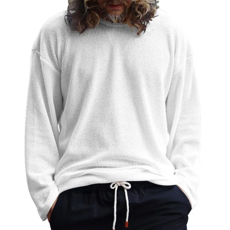 Men's Solid Color Knitted Waffle Loose Round Neck Long Sleeve T-Shirt 57565233Y sold by Manly