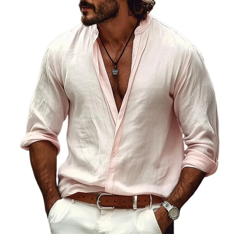 Men's Retro Casual Solid Color Cotton Linen Stand Collar Long Sleeve Shirt 27534463TO sold by Manly
