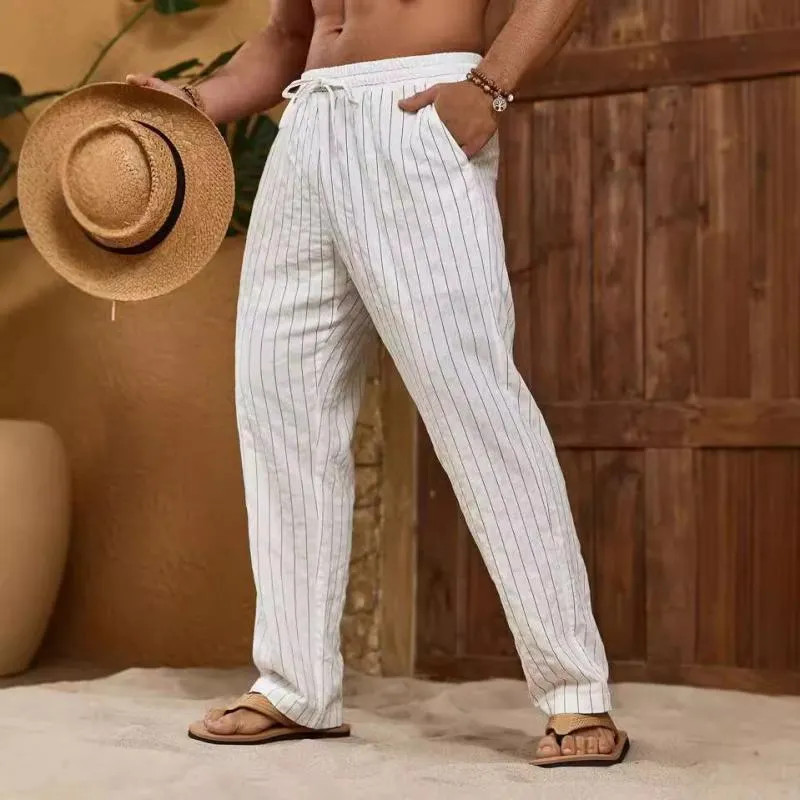 Men's Striped Cotton And Linen Elastic Waist Straight Casual Pants 33294426Z sold by Manly product image thumbnail 3