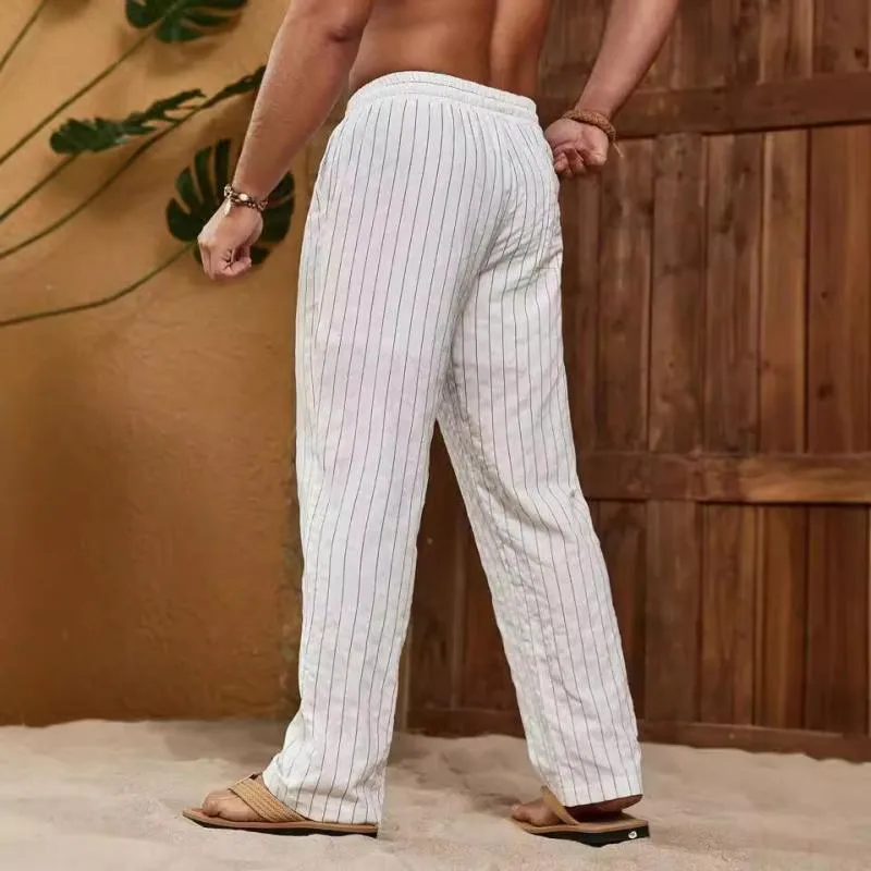 Men's Striped Cotton And Linen Elastic Waist Straight Casual Pants 33294426Z sold by Manly product image thumbnail 5
