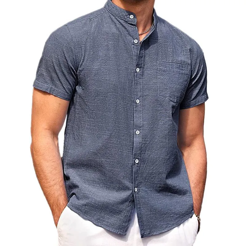 Men's Casual Stand Collar Cotton Linen Single-Breasted Short-Sleeved Shirt 61968373M sold by Manly