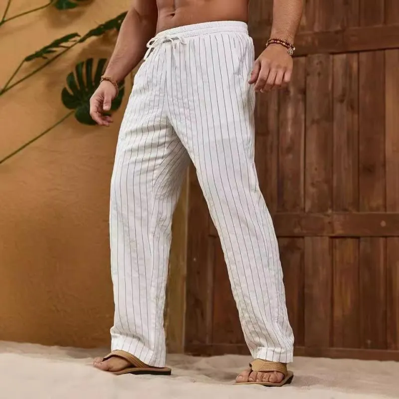 Men's Striped Cotton And Linen Elastic Waist Straight Casual Pants 33294426Z sold by Manly product image thumbnail 4