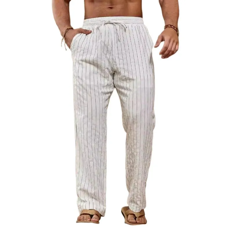 Men's Striped Cotton And Linen Elastic Waist Straight Casual Pants 33294426Z sold by Manly