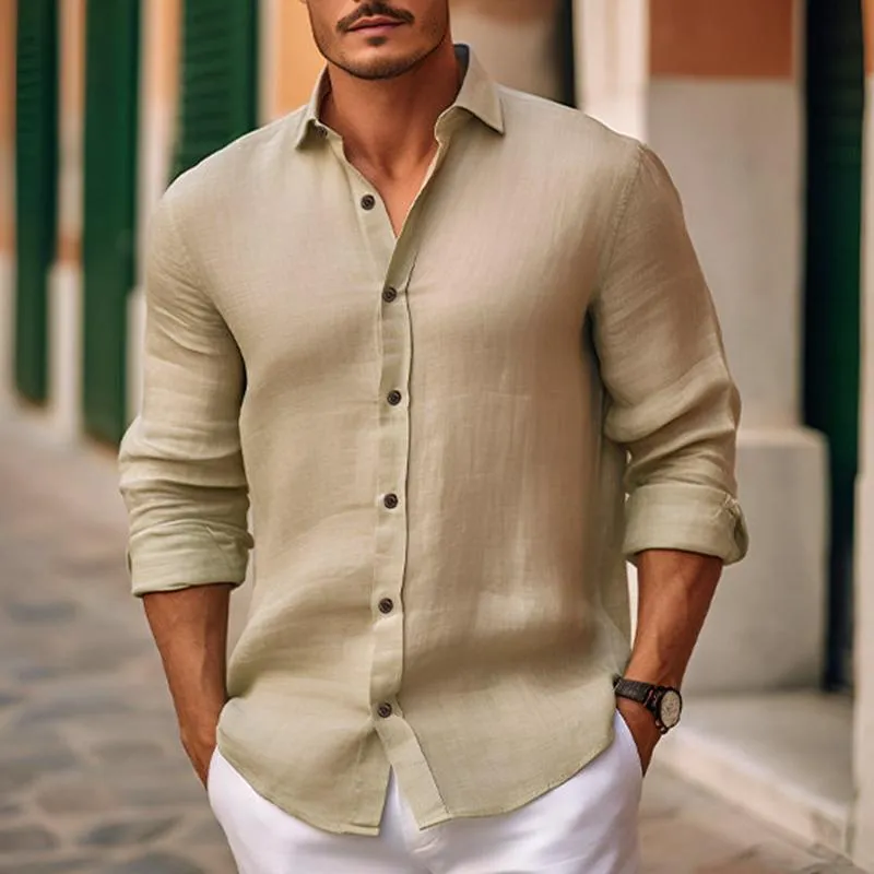 Men's Solid Cotton And Linen Lapel Long Sleeve Shirt 08947426Z sold by Manly product image thumbnail 4