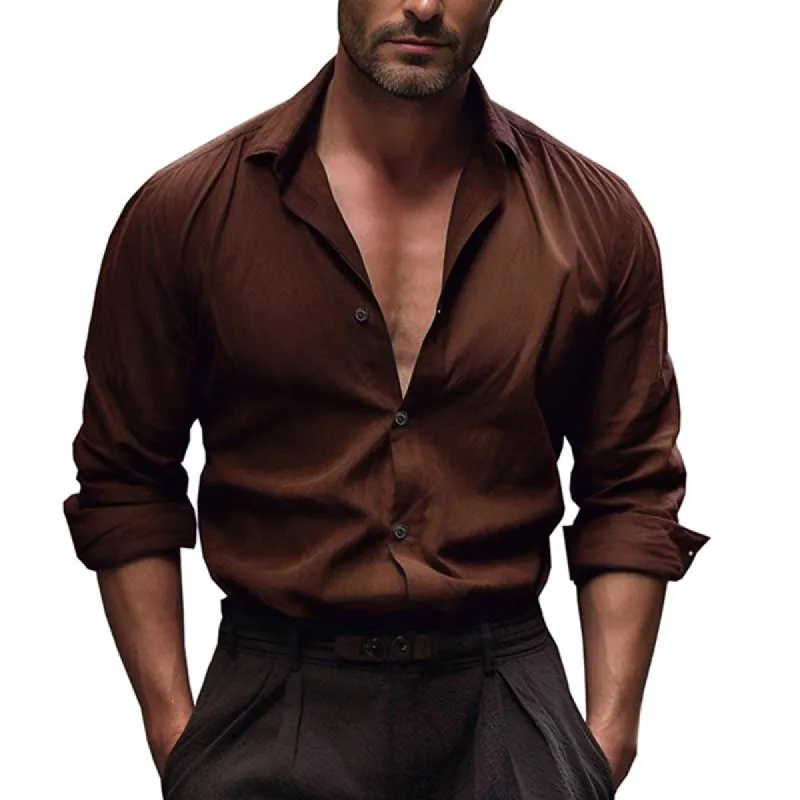 Men's Solid Cotton And Linen Lapel Long Sleeve Shirt 08947426Z sold by Manly