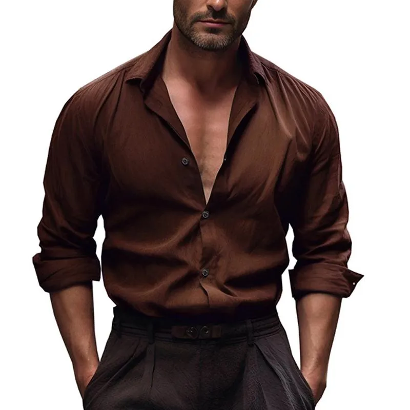 Men's Solid Cotton And Linen Lapel Long Sleeve Shirt 08947426Z sold by Manly