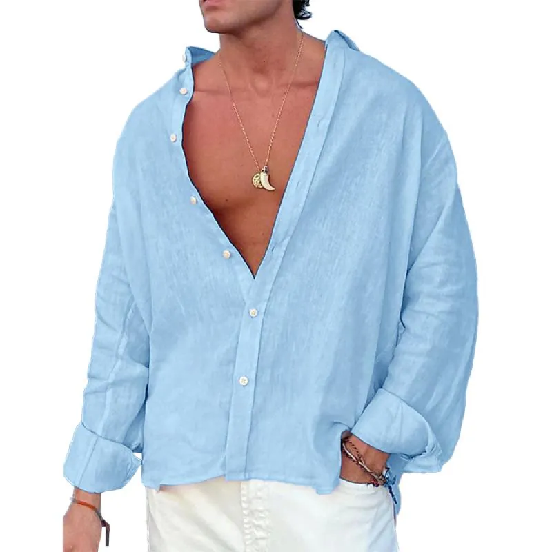 Men's Casual Solid Color Cotton Linen Long-Sleeved Shirt 14979704M sold by Manly