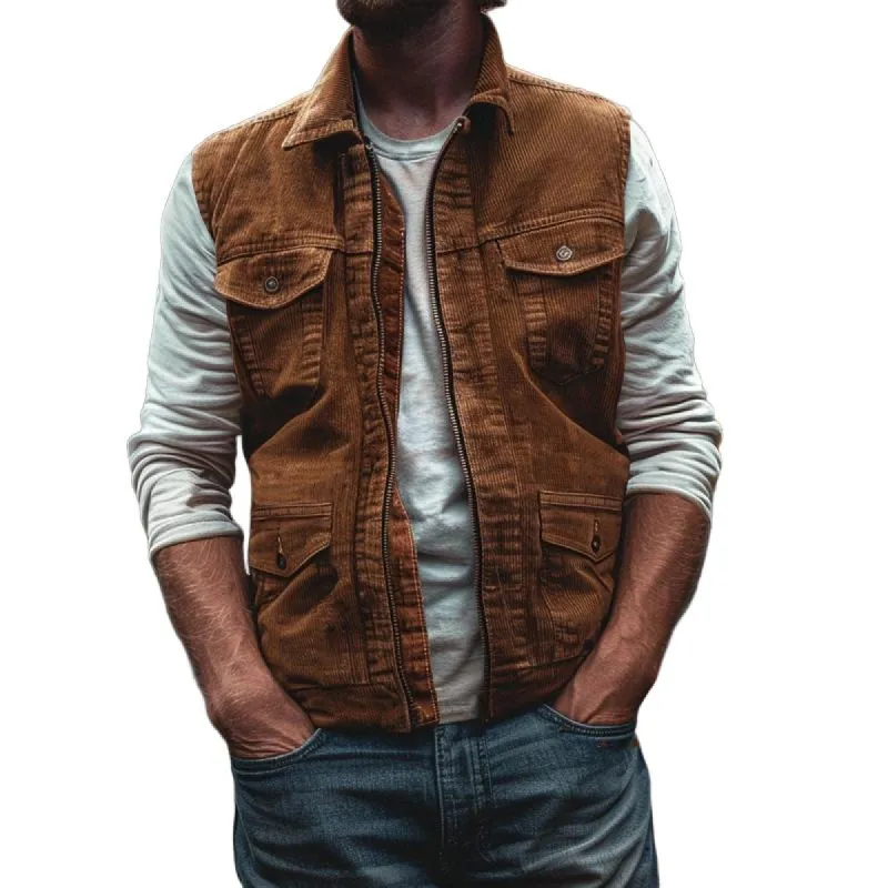 Men's Corduroy Multiple Pockets Zipper Vest 54243642Y sold by Manly