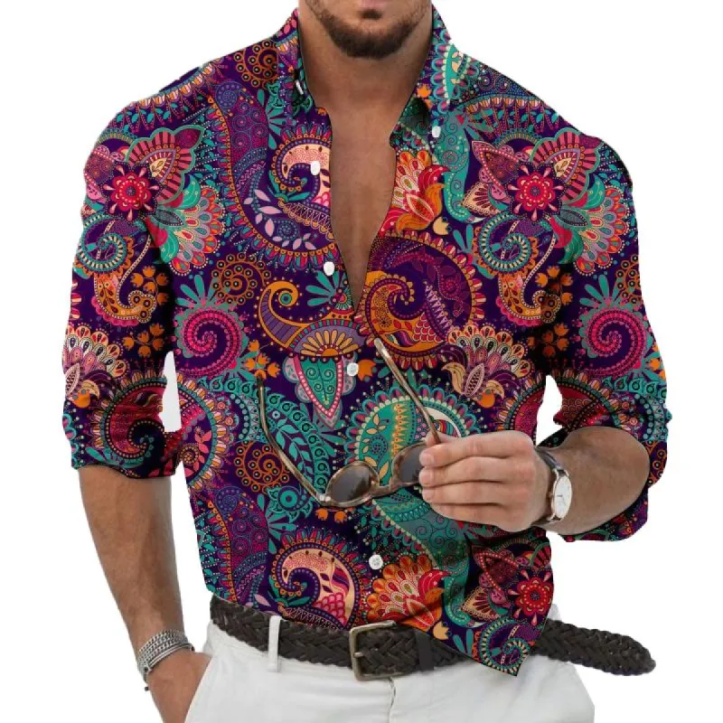 Men's Vintage Paisley Print Lapel Long Sleeve Shirt 98895959X sold by Manly