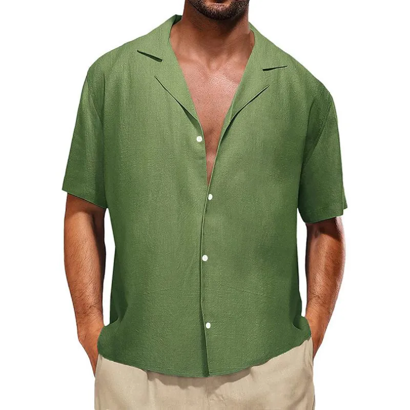 Men's Casual Solid Color Cotton Linen Lapel Loose Short Sleeve Shirt 30698355M sold by Manly