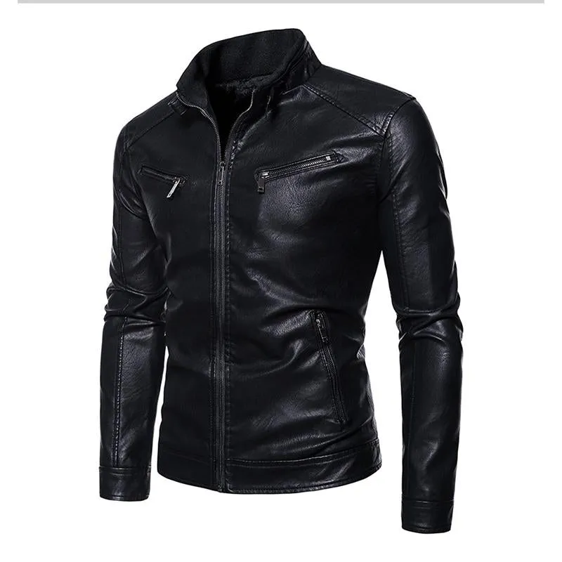 Men's Vintage Stand Collar Fleece Zipper Long Sleeve Leather Jacket 97515070M sold by Manly product image thumbnail 5