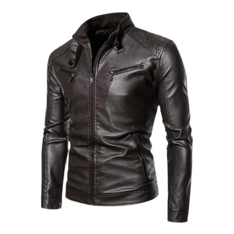 Men's Vintage Stand Collar Fleece Zipper Long Sleeve Leather Jacket 97515070M sold by Manly