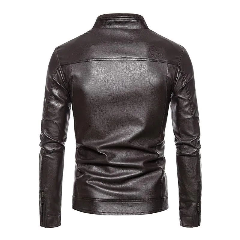 Men's Vintage Stand Collar Fleece Zipper Long Sleeve Leather Jacket 97515070M sold by Manly product image thumbnail 3