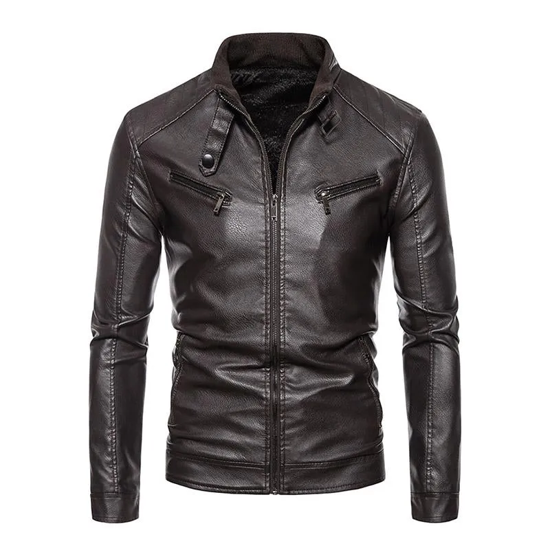Men's Vintage Stand Collar Fleece Zipper Long Sleeve Leather Jacket 97515070M sold by Manly product image thumbnail 2