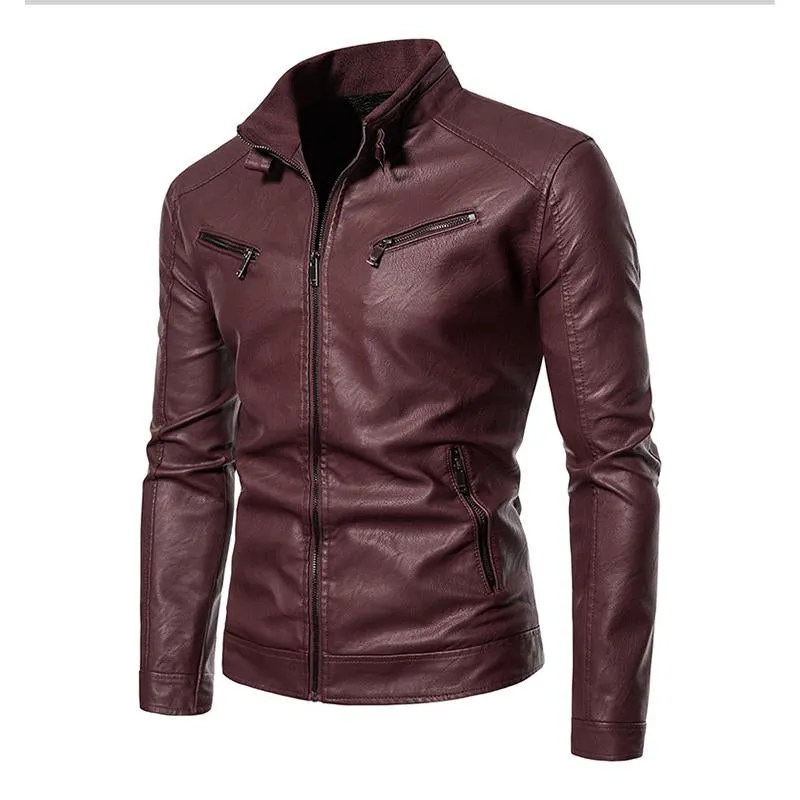 Men's Vintage Stand Collar Fleece Zipper Long Sleeve Leather Jacket 97515070M sold by Manly product image thumbnail 4