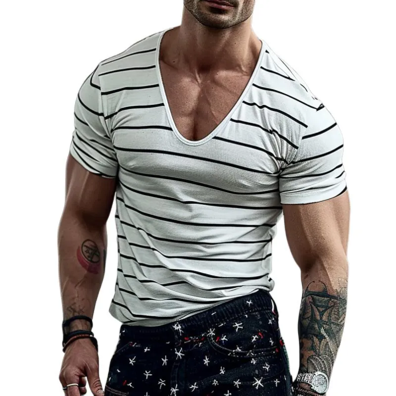 Men's Casual Striped U-Neck Short Sleeve T-Shirt 59506258TO sold by Manly