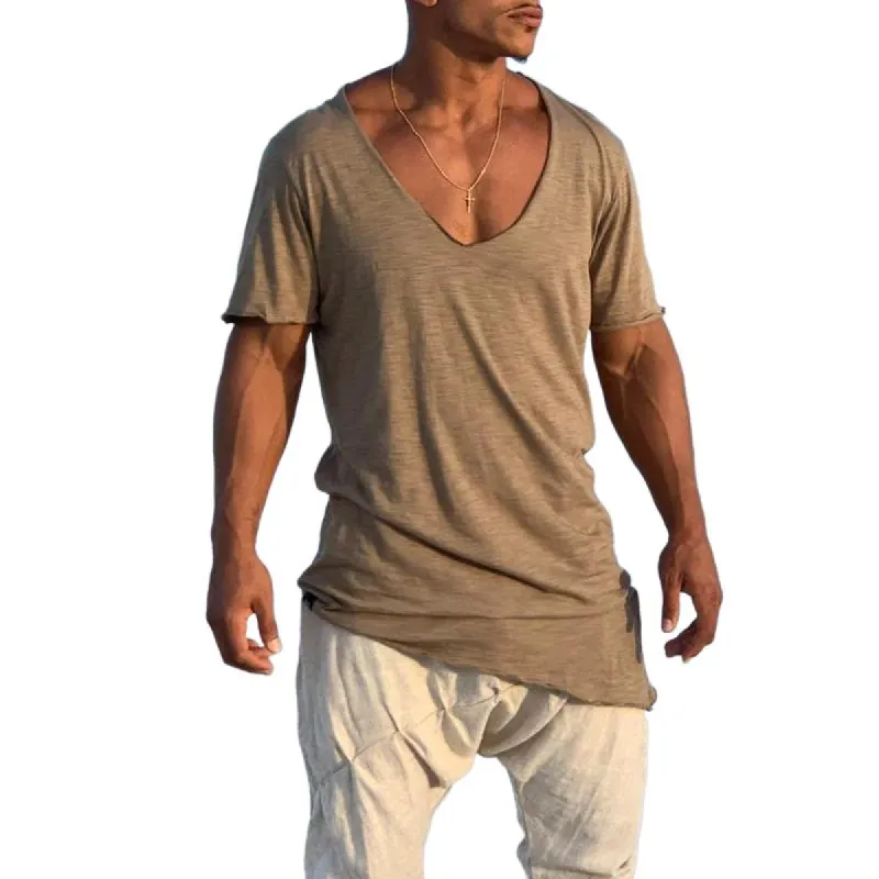 Men's Casual Cotton Blended V Neck Irregular Hem Loose Short-sleeved T-shirt 03795533M sold by Manly
