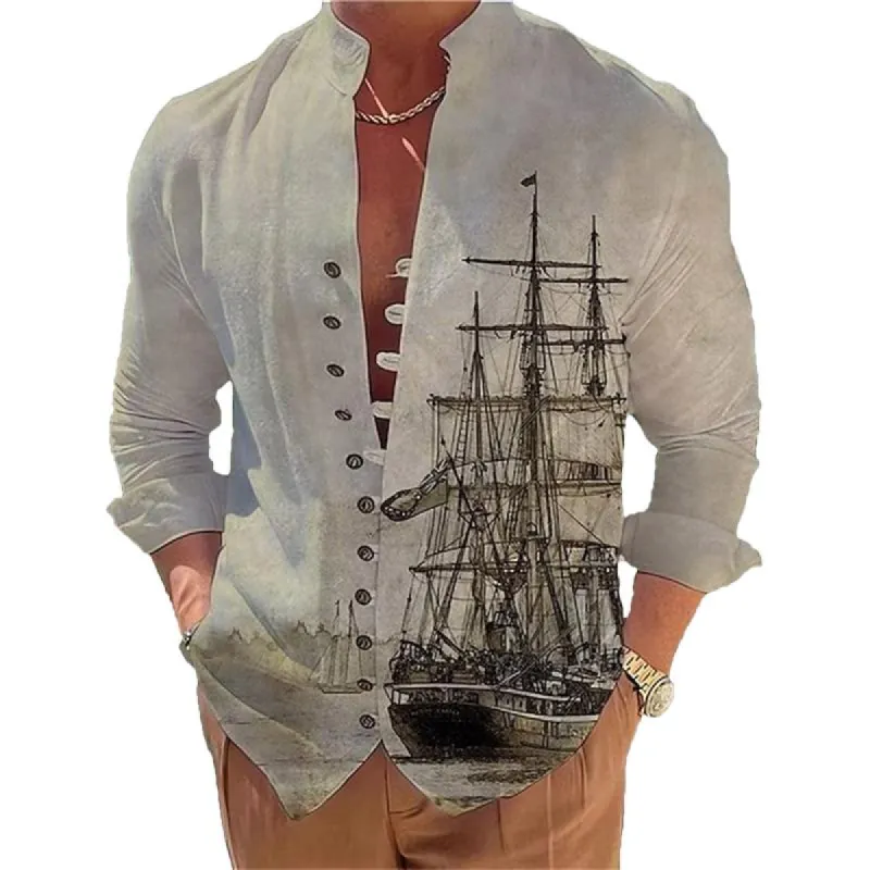 Men's Casual Stand Collar Printed Single Breasted Long Sleeve Shirt 22891723M sold by Manly