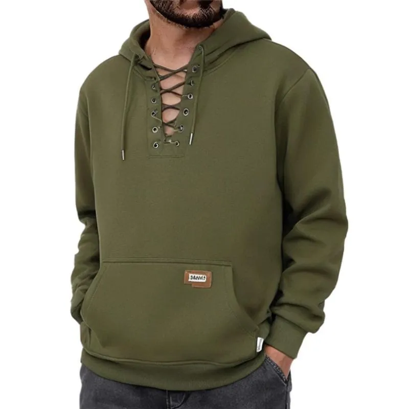 Men's Solid Color Tie Kangaroo Pocket Long Sleeve Hoodie 18076149Y sold by Manly